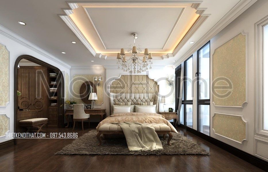 Thiết kế nội thất phòng ngủ master chung cư SKYLINE tân cổ điển